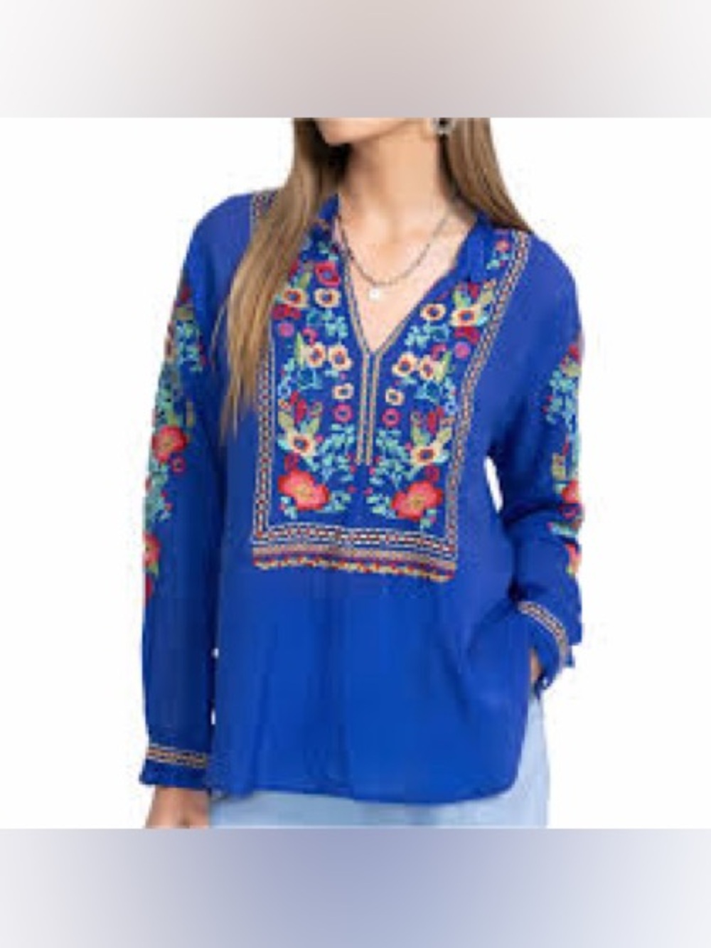 Johnny Was Simone Blouse embroidered blue floral top
